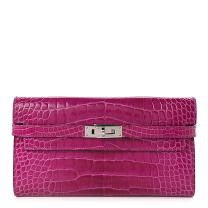 Hermes Shiny Alligator Kelly Longue Wallet Rose Scheherazade 1 of 9