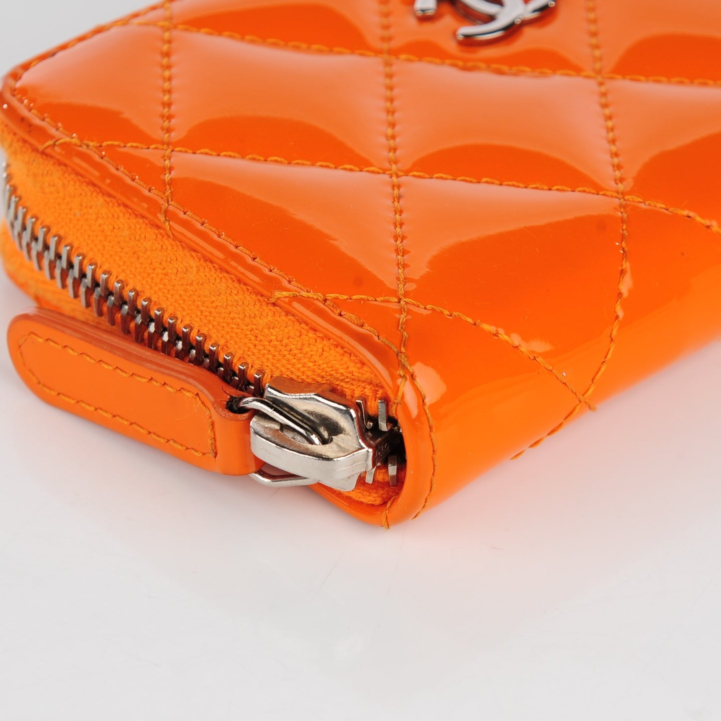 Patent Calfskin Quilted Zip Coin Purse Orange