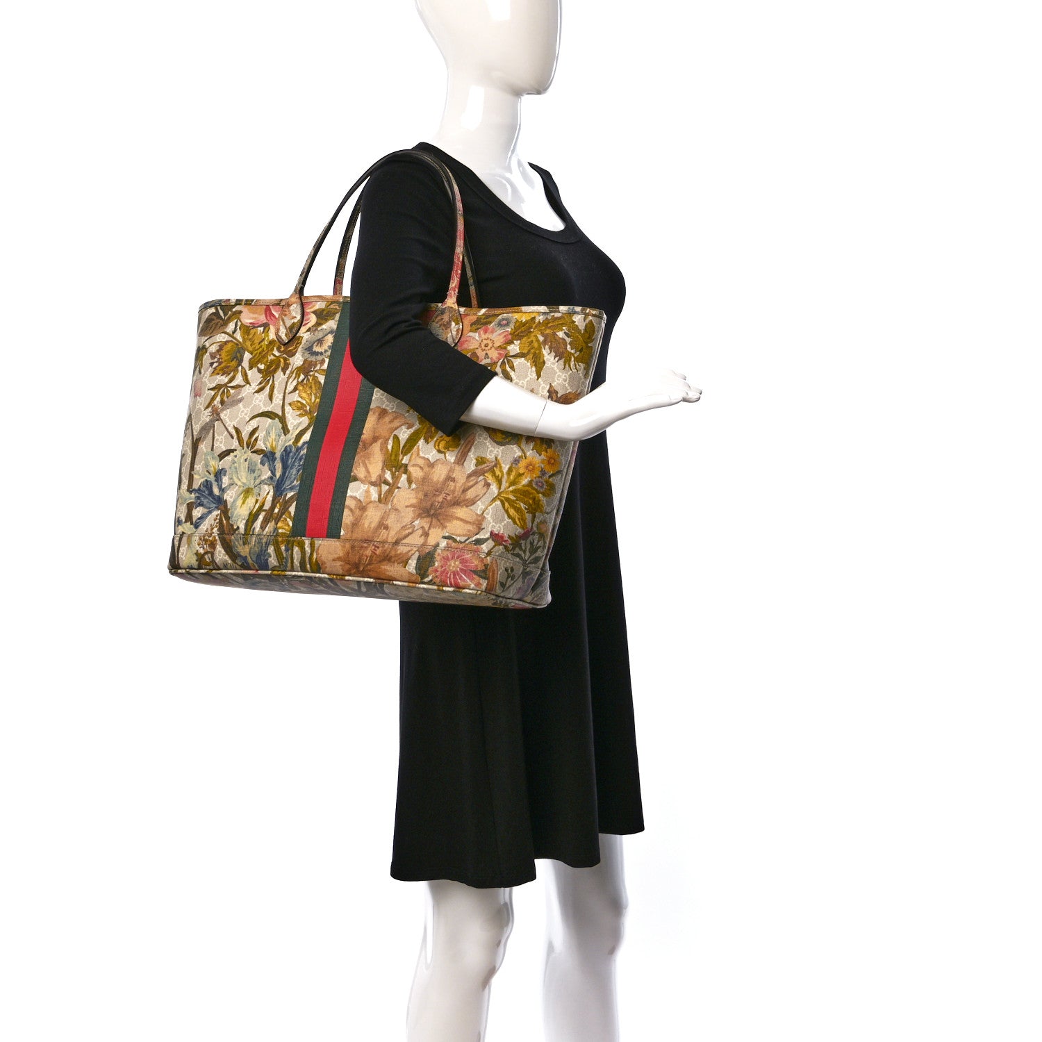 Gucci GG Supreme Monogram Water Flora Web Large Ophidia Tote Beige White Multicolor 2 of 12