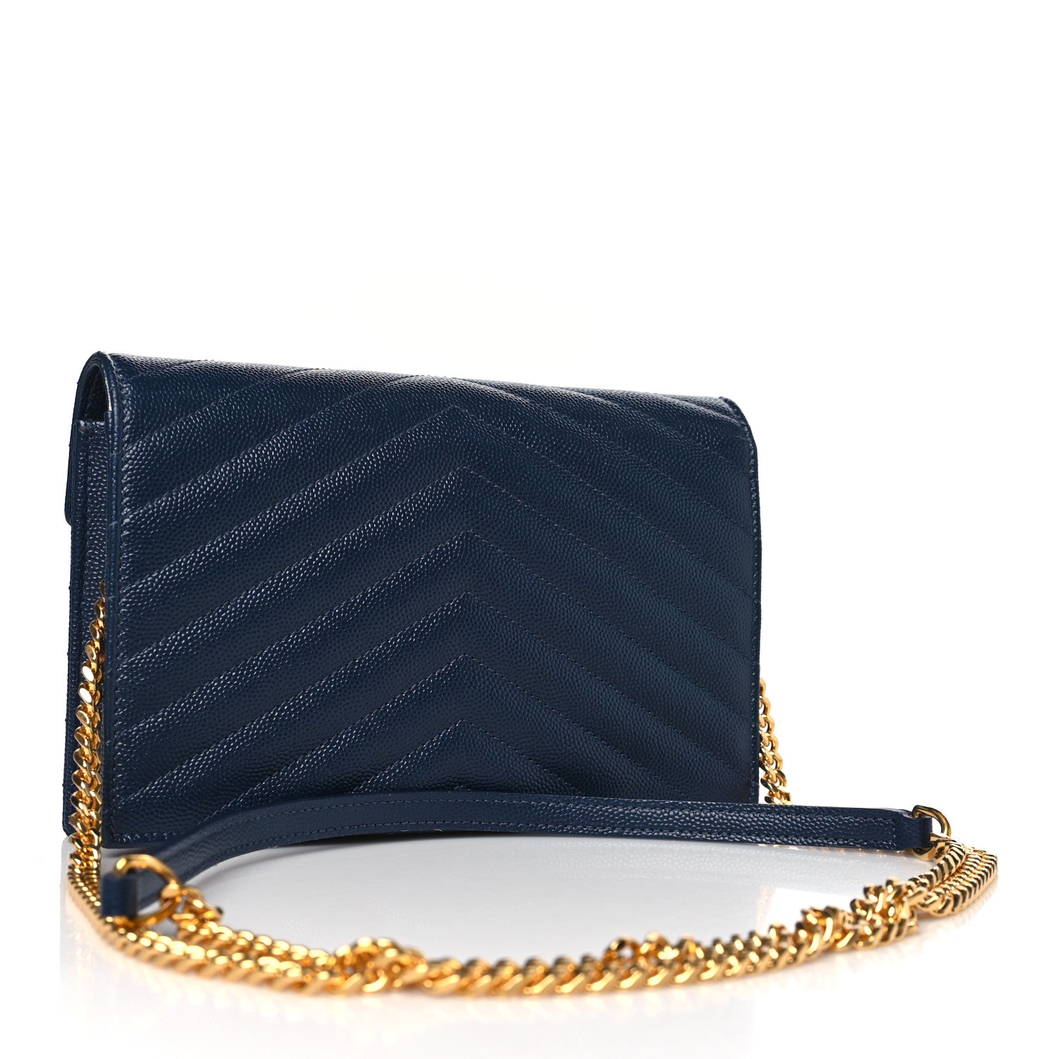 Saint Laurent Grain De Poudre Matelasse Chevron Monogram Envelope Chain Wallet Navy 3 of 8