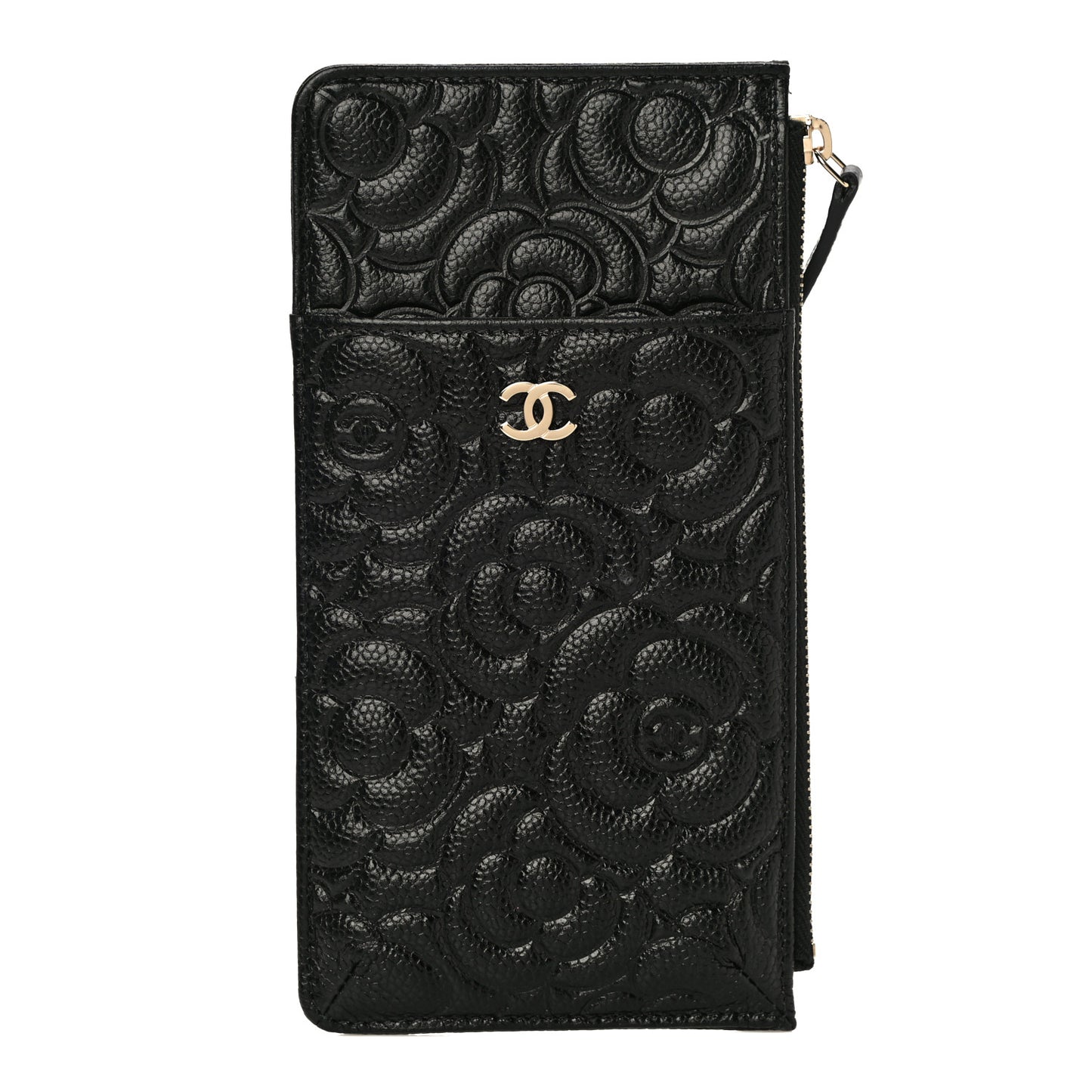 Caviar Camellia Embossed Classic Flat Wallet Pouch Black