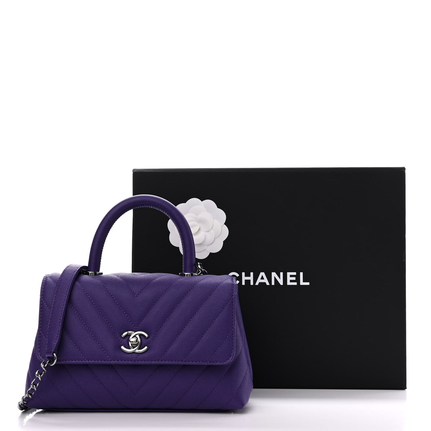 Caviar Chevron Quilted Mini Coco Handle Flap Purple