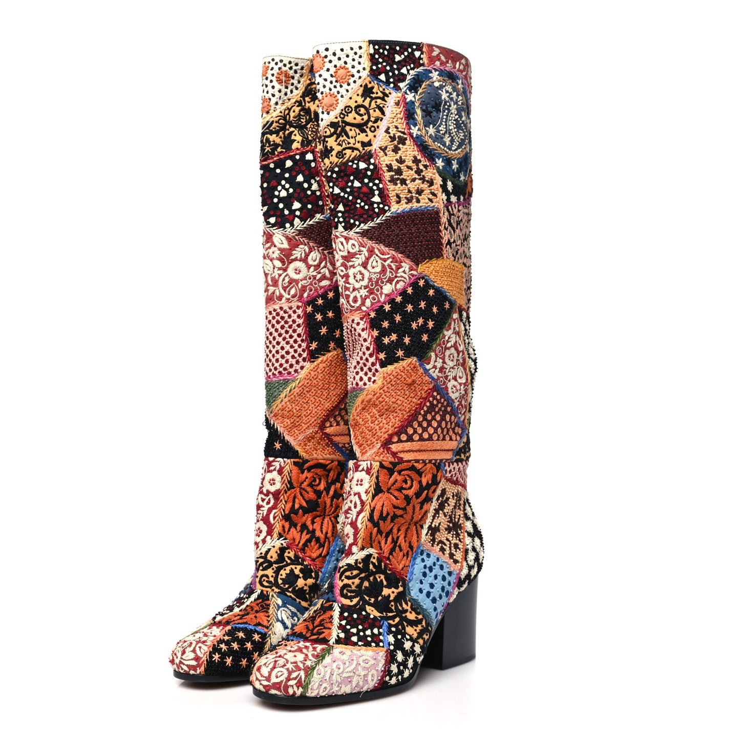 Embroidered Diorage Patchwork Knee High Boots 36 Multicolor