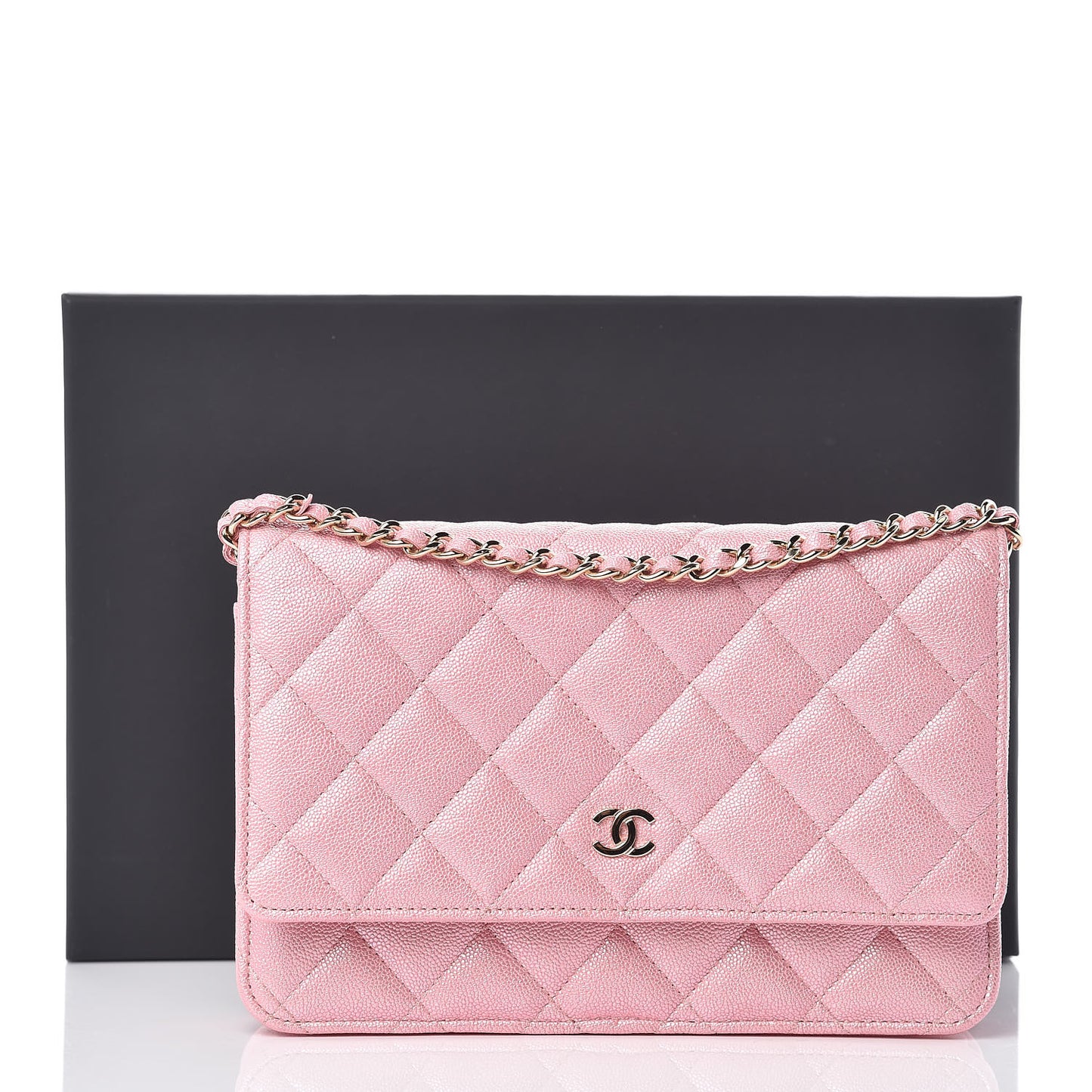 Iridescent Caviar Quilted Wallet on Chain WOC Rose Pink