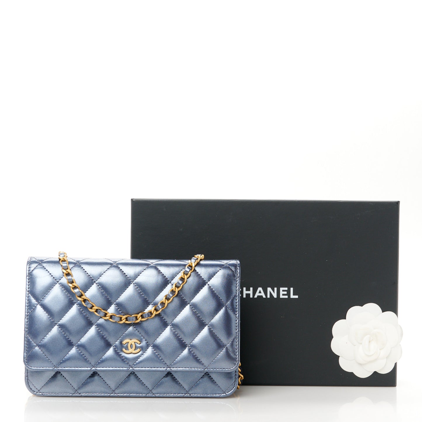 Metallic Lambskin Wallet On Chain WOC Dark Blue