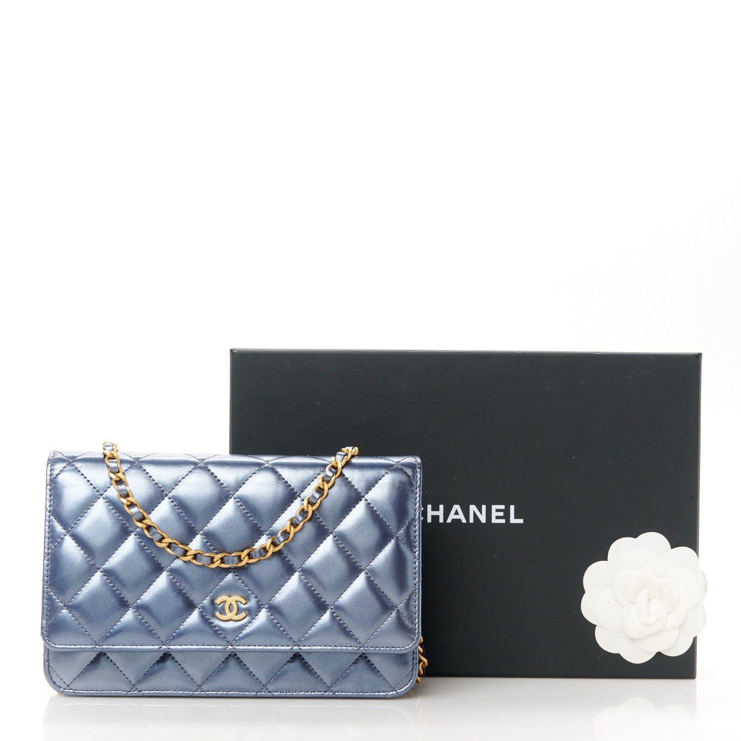 Chanel Metallic Lambskin Wallet On Chain WOC Dark Blue 12 of 12