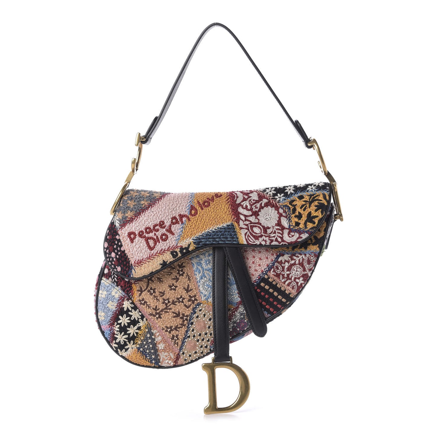 Canvas Embroidered Peace and Love Medium Saddle Bag Multicolor