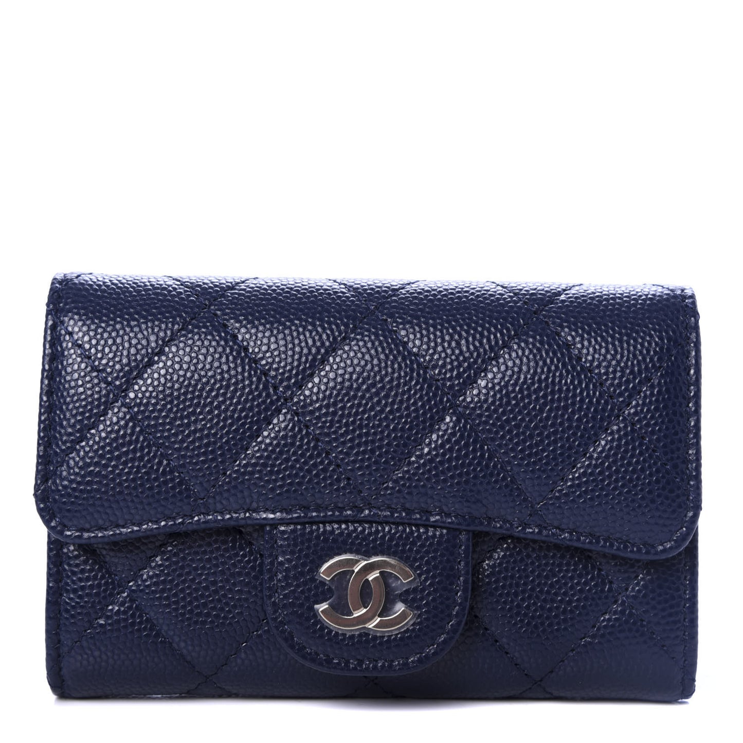 Caviar Quilted Flap Card Holder Wallet Navy Blue