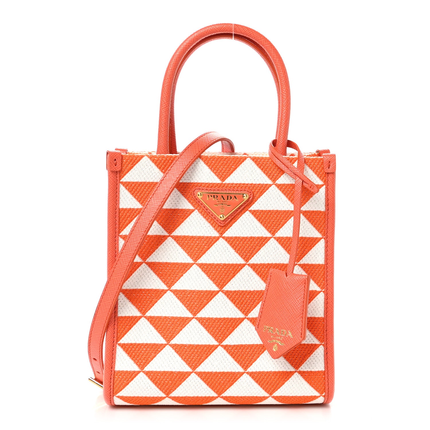 Prada Jacquard Saffiano Triangolo Symbole Embroidered Micro Tote Orange White 1 of 9