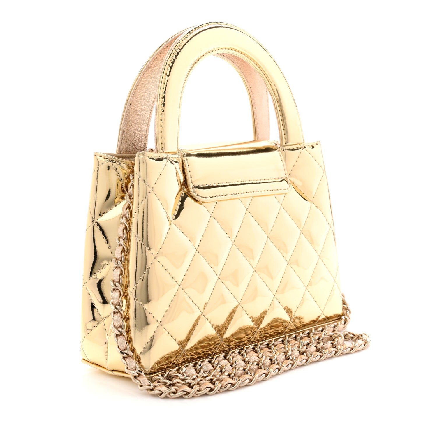 Mirror Calfskin Metallic Calfskin Quilted Nano Kelly Shopper Gold
