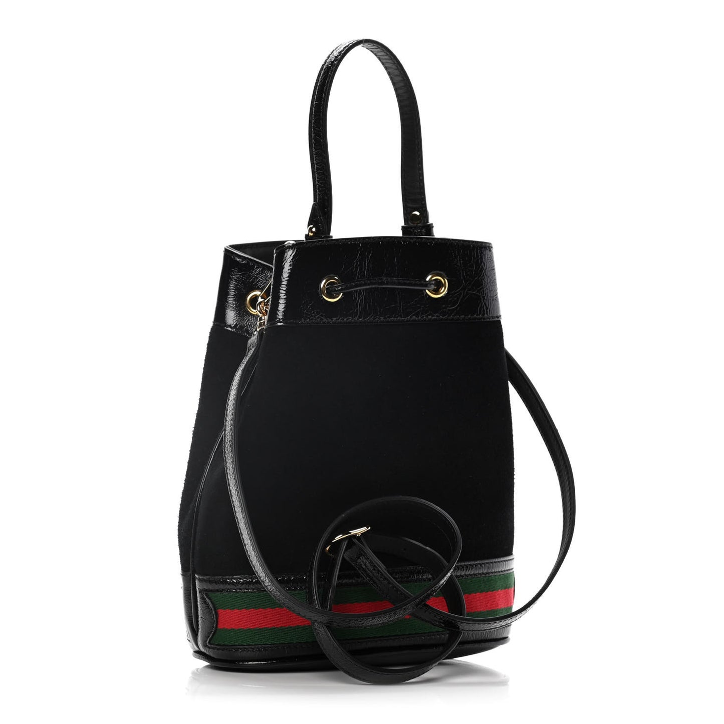 Suede Patent Web Small Ophidia Bucket Bag Black
