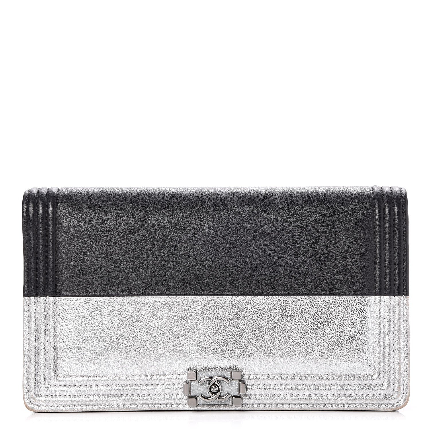 Chanel Metallic Goatskin Calfskin Boy Yen Wallet Silver Black 1 of 9