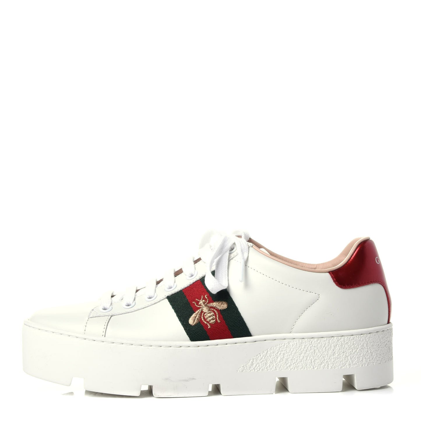 Calfskin Web Bee Embroidered Womens Ace Platform Sneakers 38 White