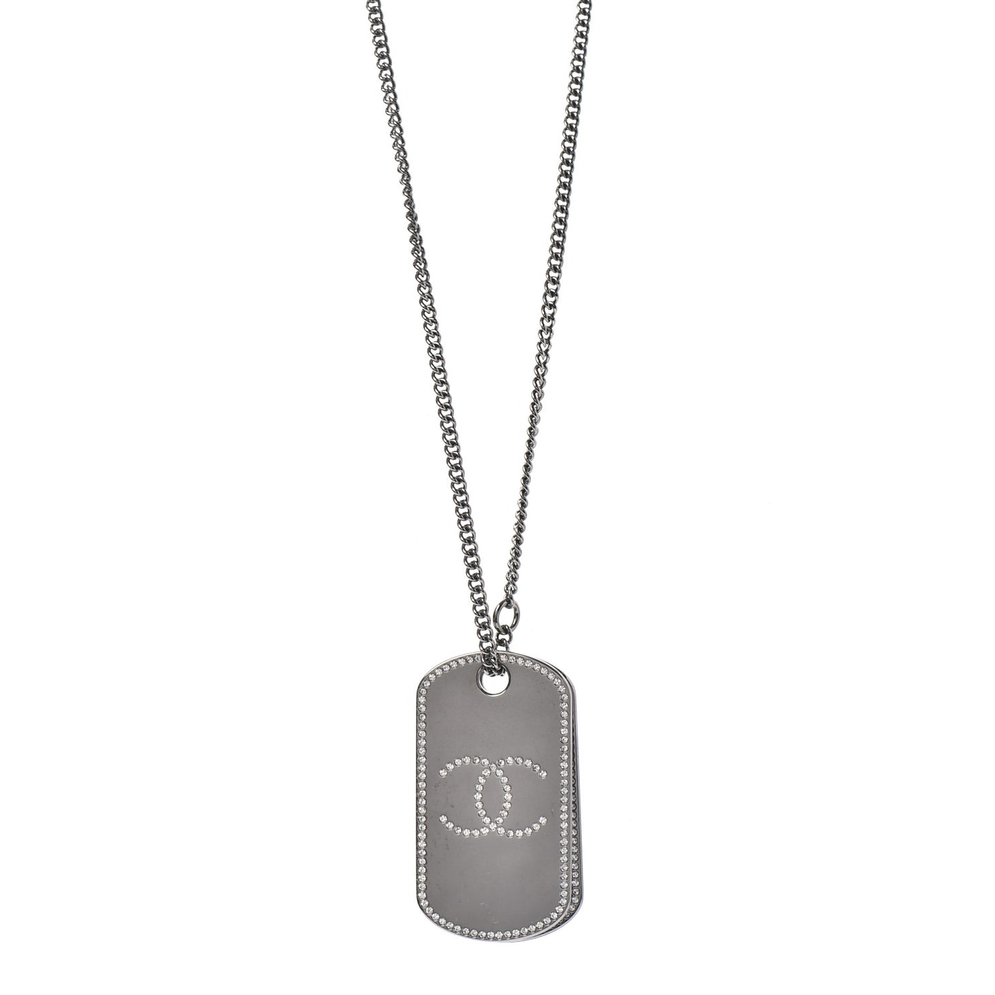 Metal Crystal Ruthenium Dog Tag Charm Necklace Silver