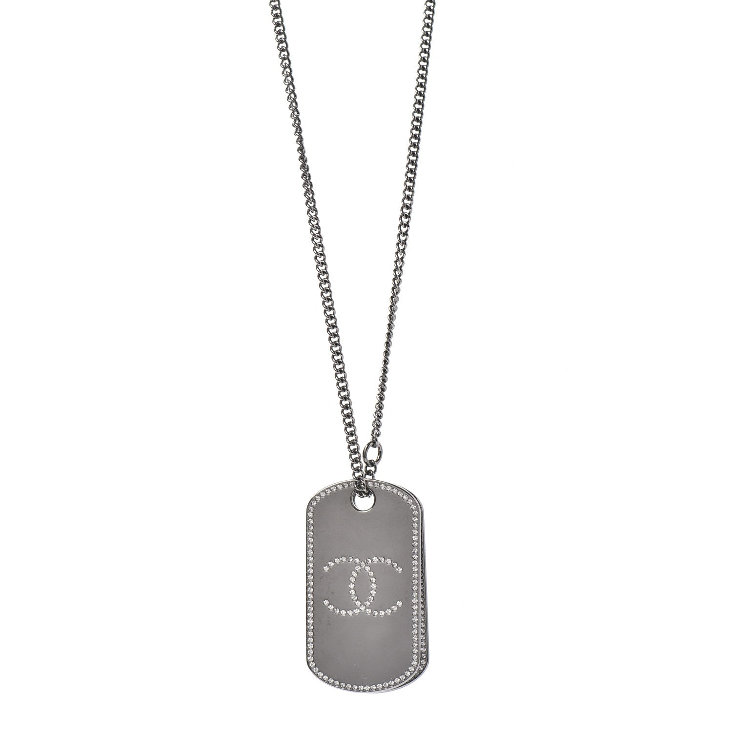 Chanel Metal Crystal Ruthenium Dog Tag Charm Necklace Silver 1 of 5