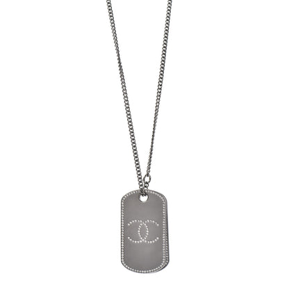 Chanel Metal Crystal Ruthenium Dog Tag Charm Necklace Silver 1 of 5