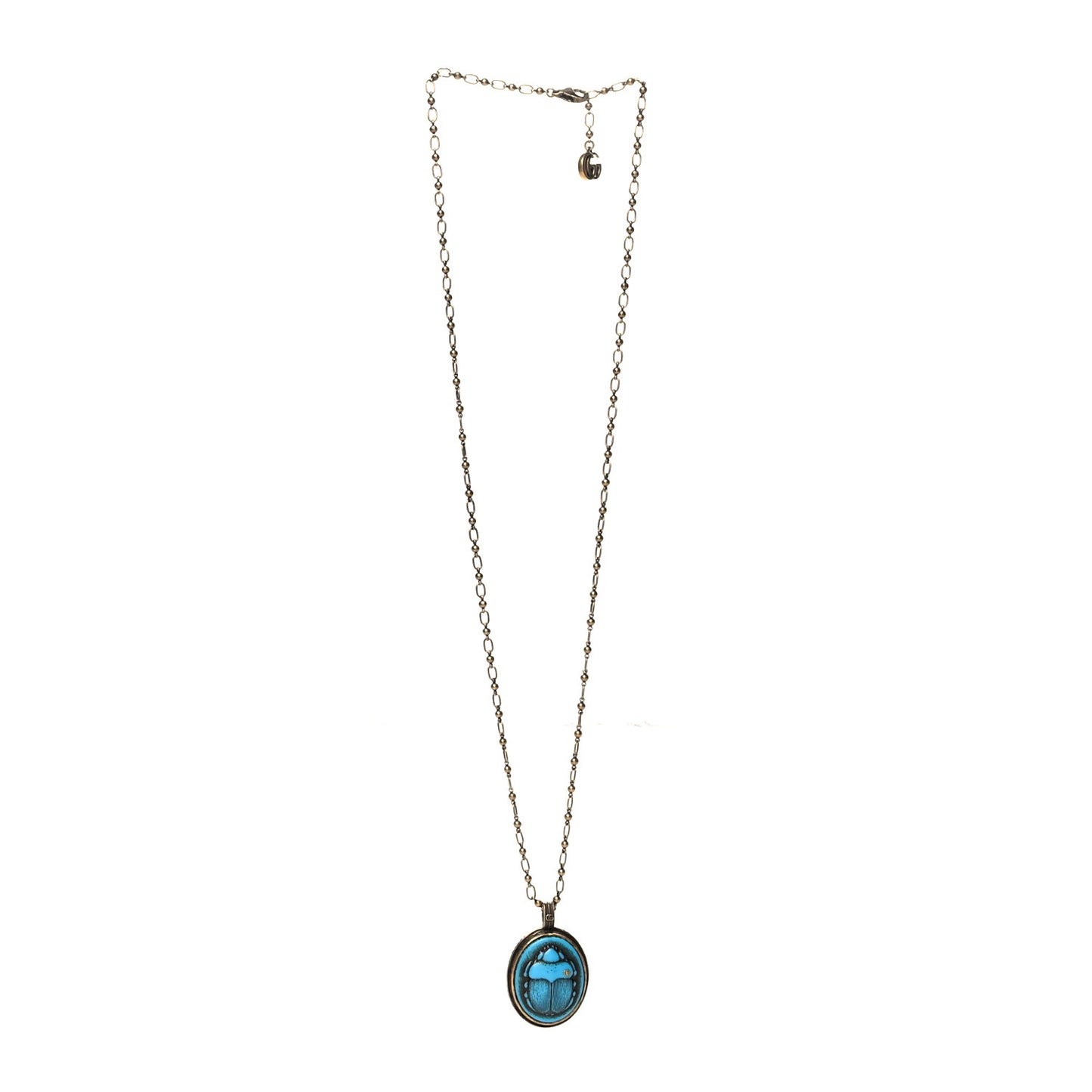 Metal Scarab Cameo Pendant Necklace Aged Gold Blue