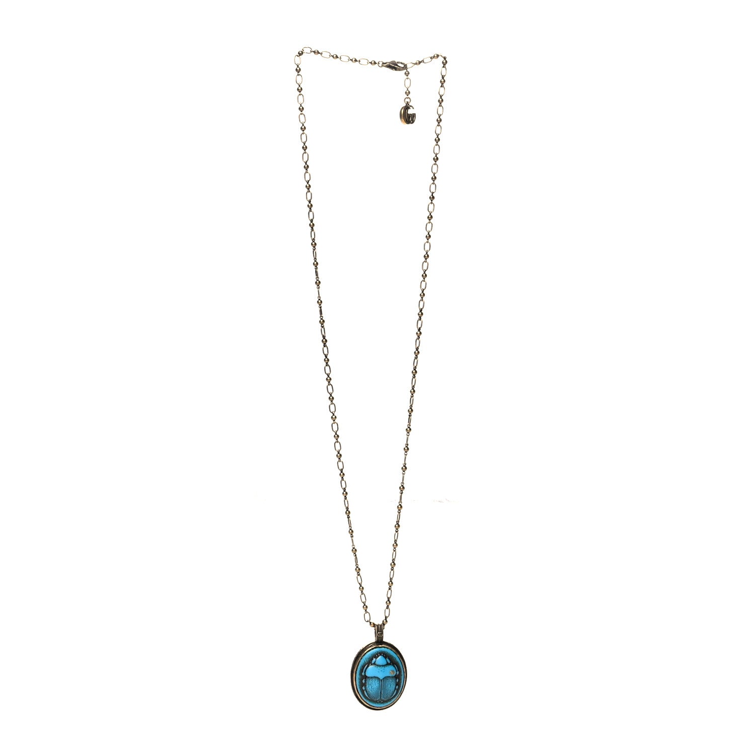Gucci Metal Scarab Cameo Pendant Necklace Aged Gold Blue 3 of 4