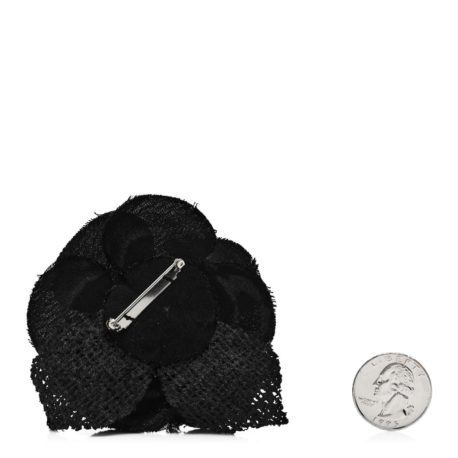 Chanel Tweed Fabric Camellia Pin Brooch Black 2 of 3