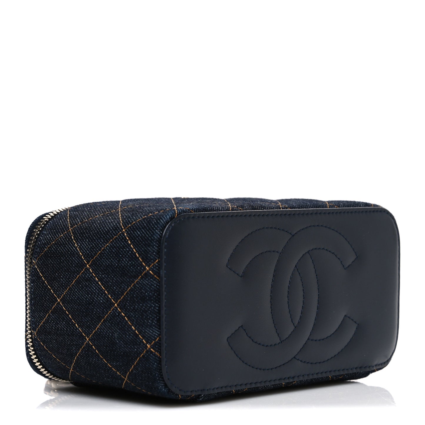 Denim Quilted Small Vanity Case With Chain Dark Blue Orange