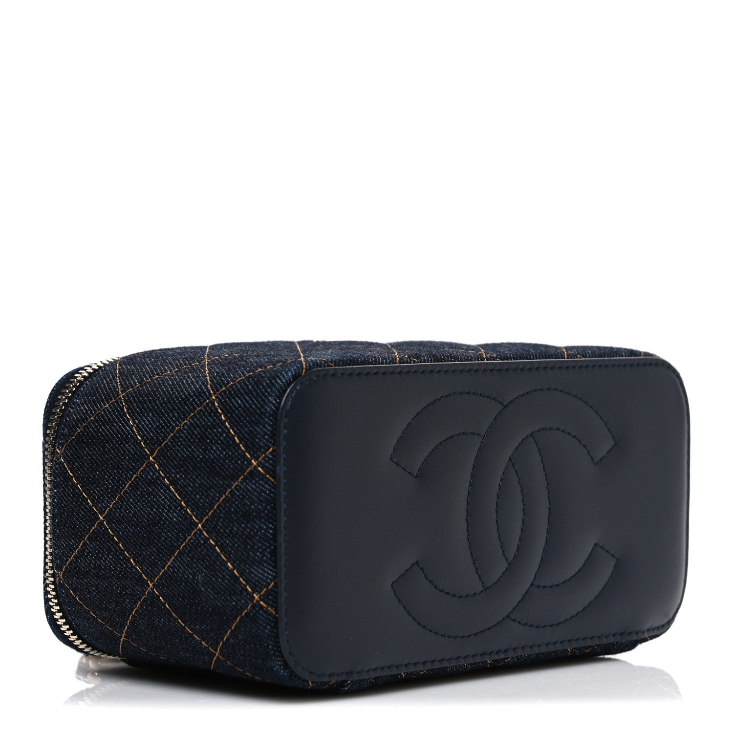 Chanel Denim Quilted Small Vanity Case With Chain Dark Blue Orange 3 of 10