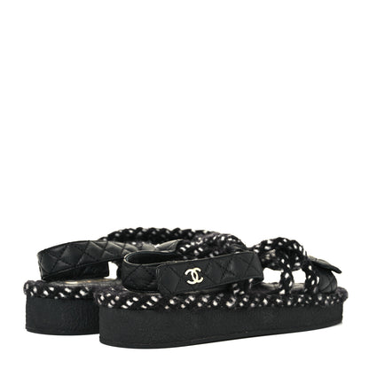 Chanel Cord Lambskin Quilted Logo Sandals 37 Black 4 of 8