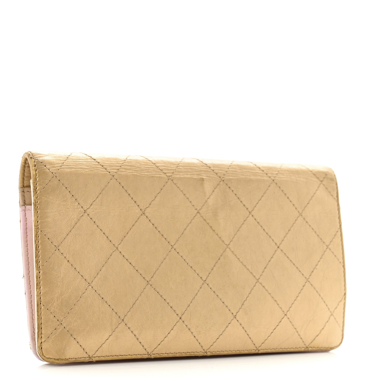 Metallic Calfskin Quilted Yen Wallet Gold Pink