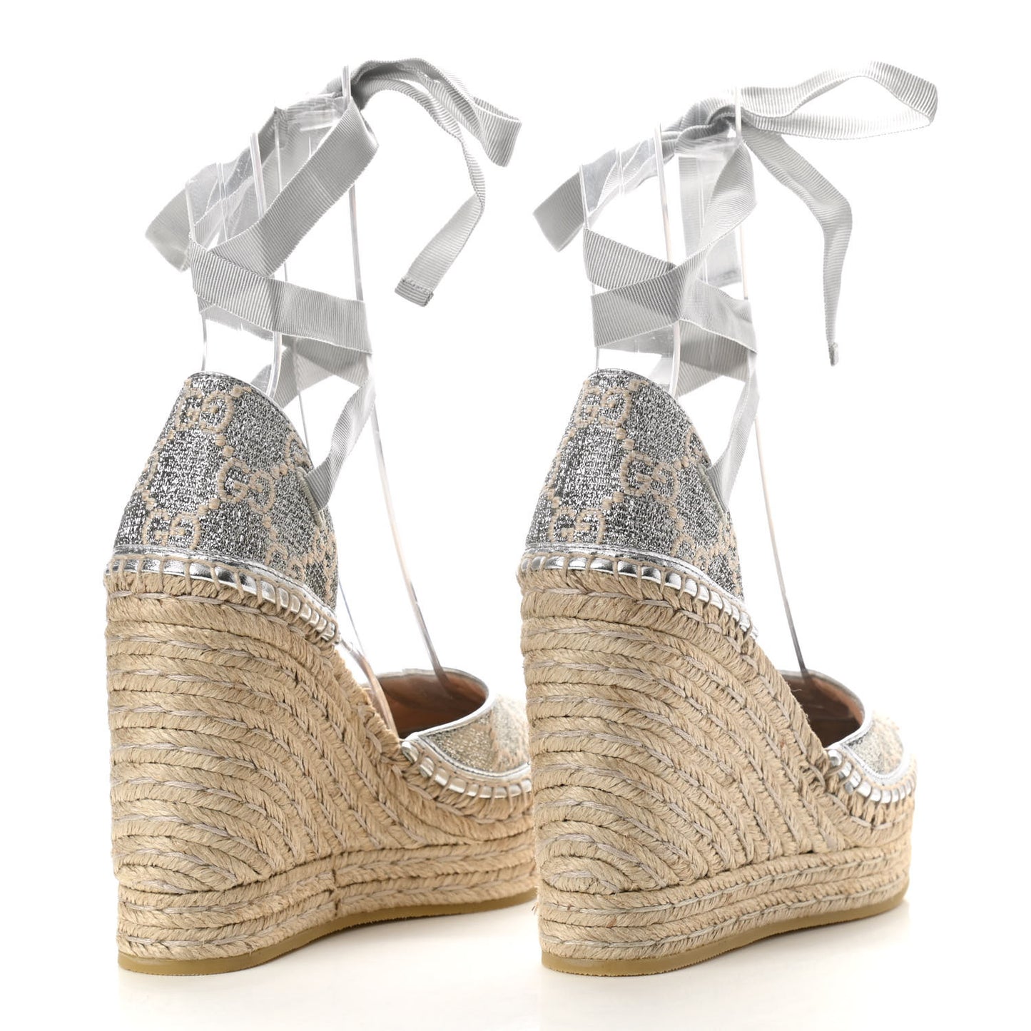 Lame GG Monogram Ankle Wrap Platform Espadrille Wedges 36 Silver Beige Light Grey