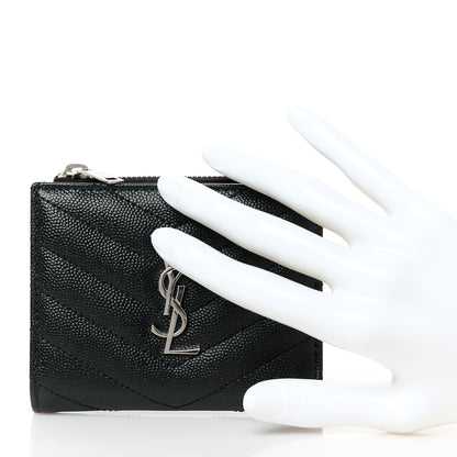 Saint Laurent Grain De Poudre Matelasse Chevron Monogram Zipped Card Case Black 2 of 10