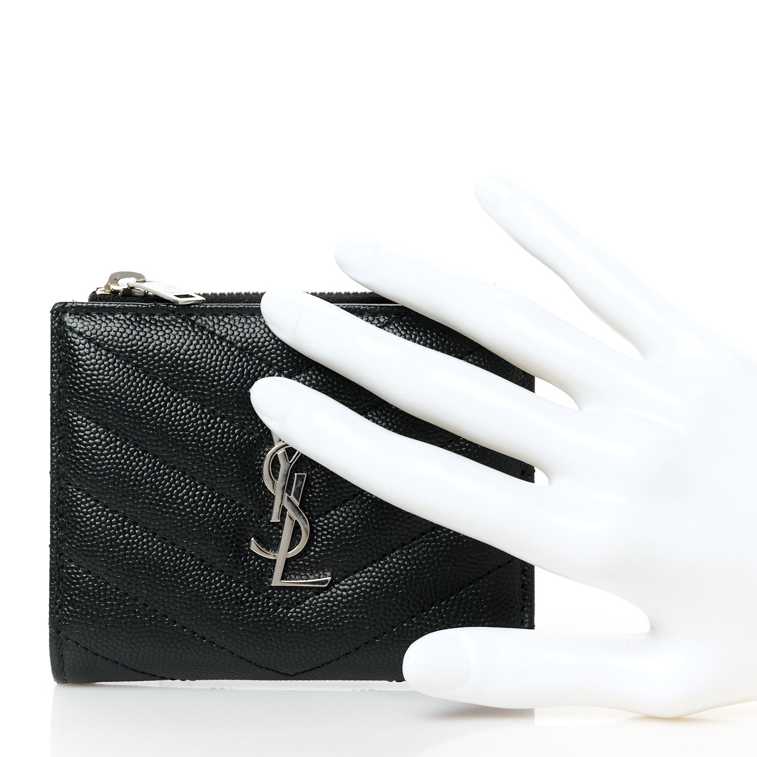 Saint Laurent Grain De Poudre Matelasse Chevron Monogram Zipped Card Case Black 2 of 10