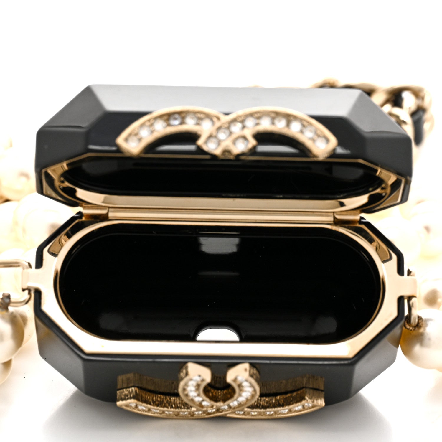 Chanel Resin Crystal Pearl Airpods Holder Necklace Black Pearly White 4 of 5