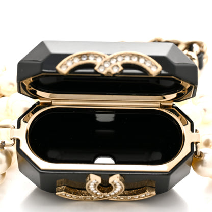 Chanel Resin Crystal Pearl Airpods Holder Necklace Black Pearly White 4 of 5
