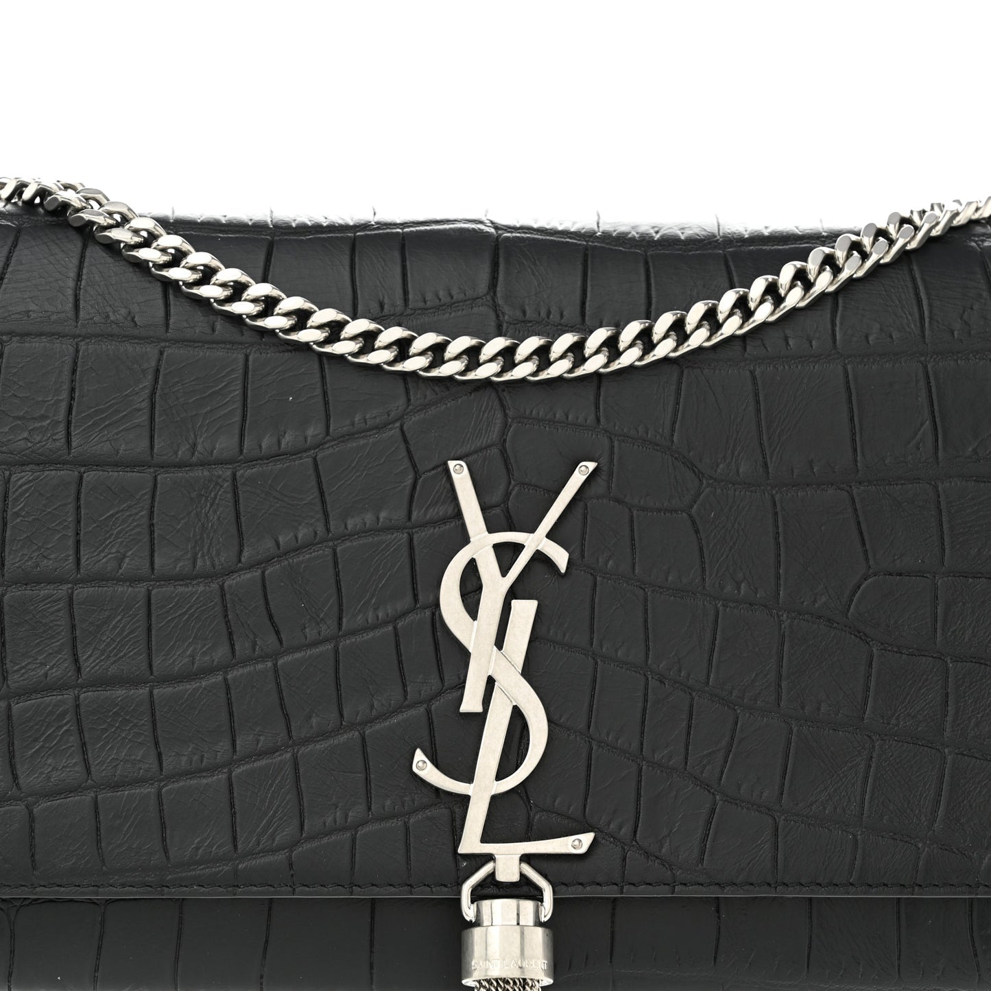 Calfskin Crocodile Embossed Medium Classic Monogram Kate Tassel Satchel Black
