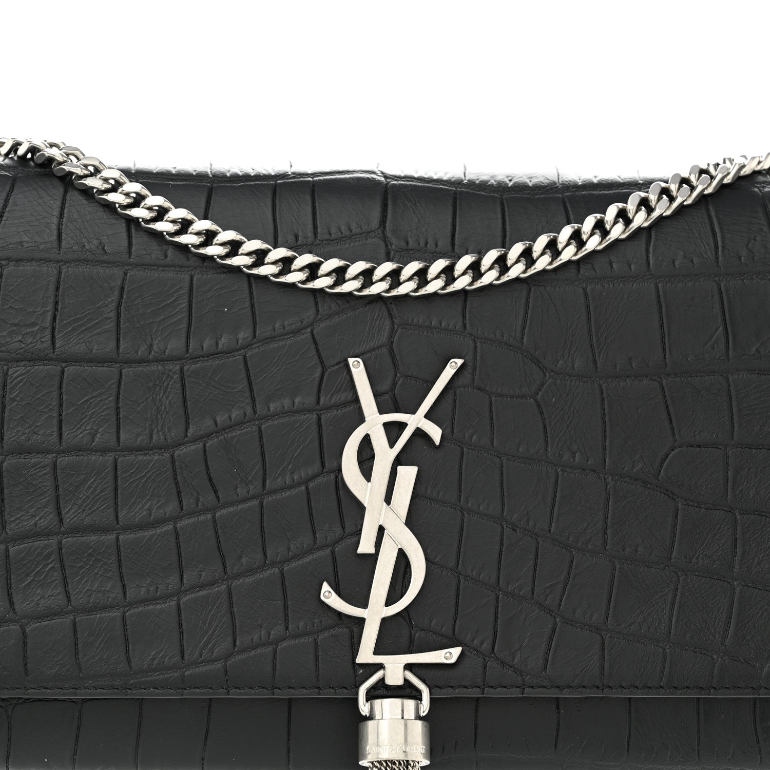 Saint Laurent Calfskin Crocodile Embossed Medium Classic Monogram Kate Tassel Satchel Black 7 of 11