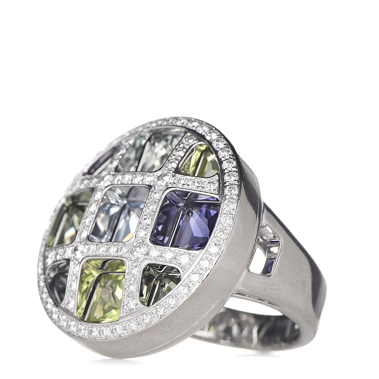 18K White Gold Diamond Aquamarine Iolite Tourmaline Peridot Pasha de Ring 54 6.75