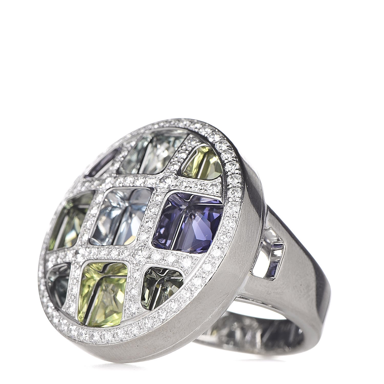 Cartier 18K White Gold Diamond Aquamarine Iolite Tourmaline Peridot Pasha de Ring 54 6.75 1 of 8