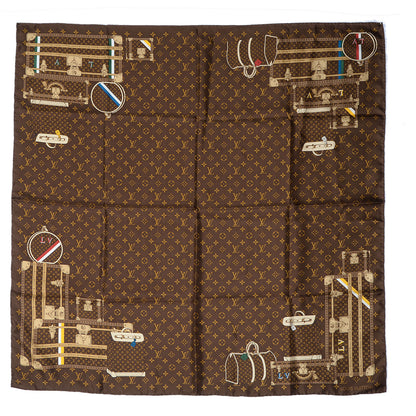 Louis Vuitton Silk Monogram Trunks Square Scarf Brown 2 of 5