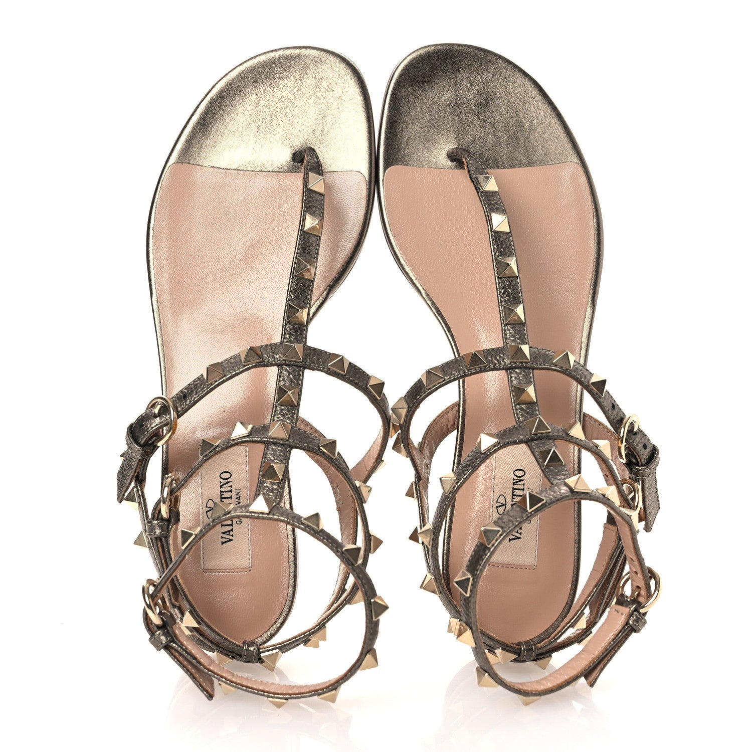 Valentino Garavani Metallic Nappa Rockstud Gladiator Flat Sandals 38 Sasso 2 of 11