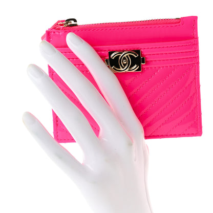 Chanel Patent Chevron Quilted Boy Zip Card Holder Pink 2 of 7