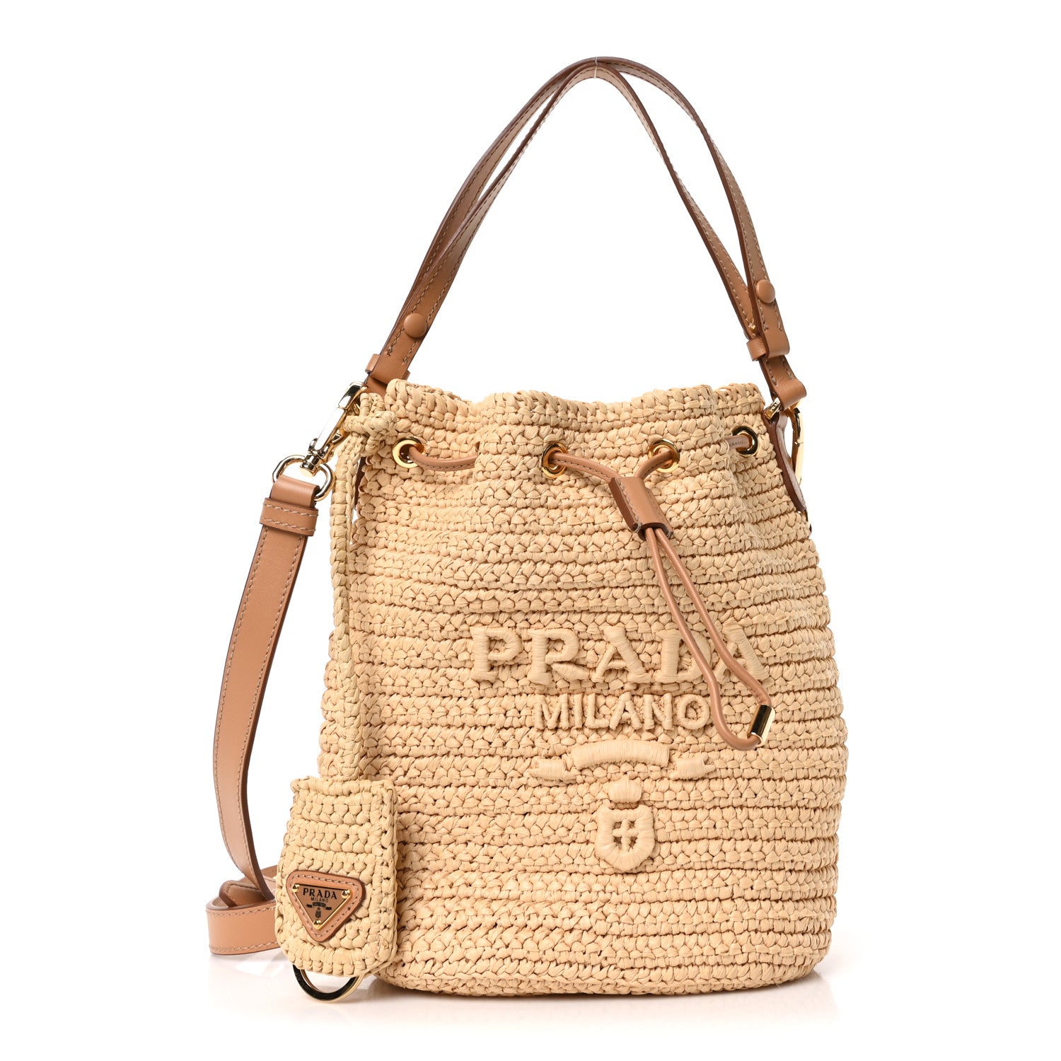 Prada Yarn Raffia Effect Crochet Small Bucket Bag Naturale 1 of 9