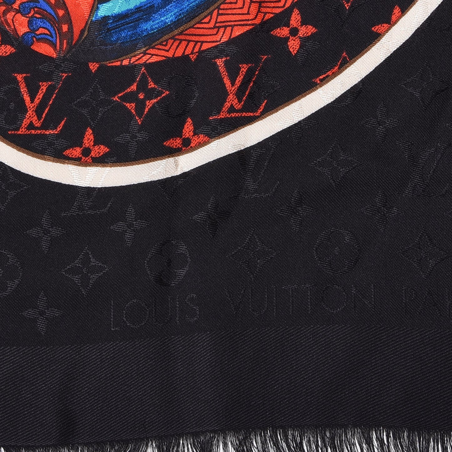 Silk Wool Monogram Kabuki Stickers Shawl Black