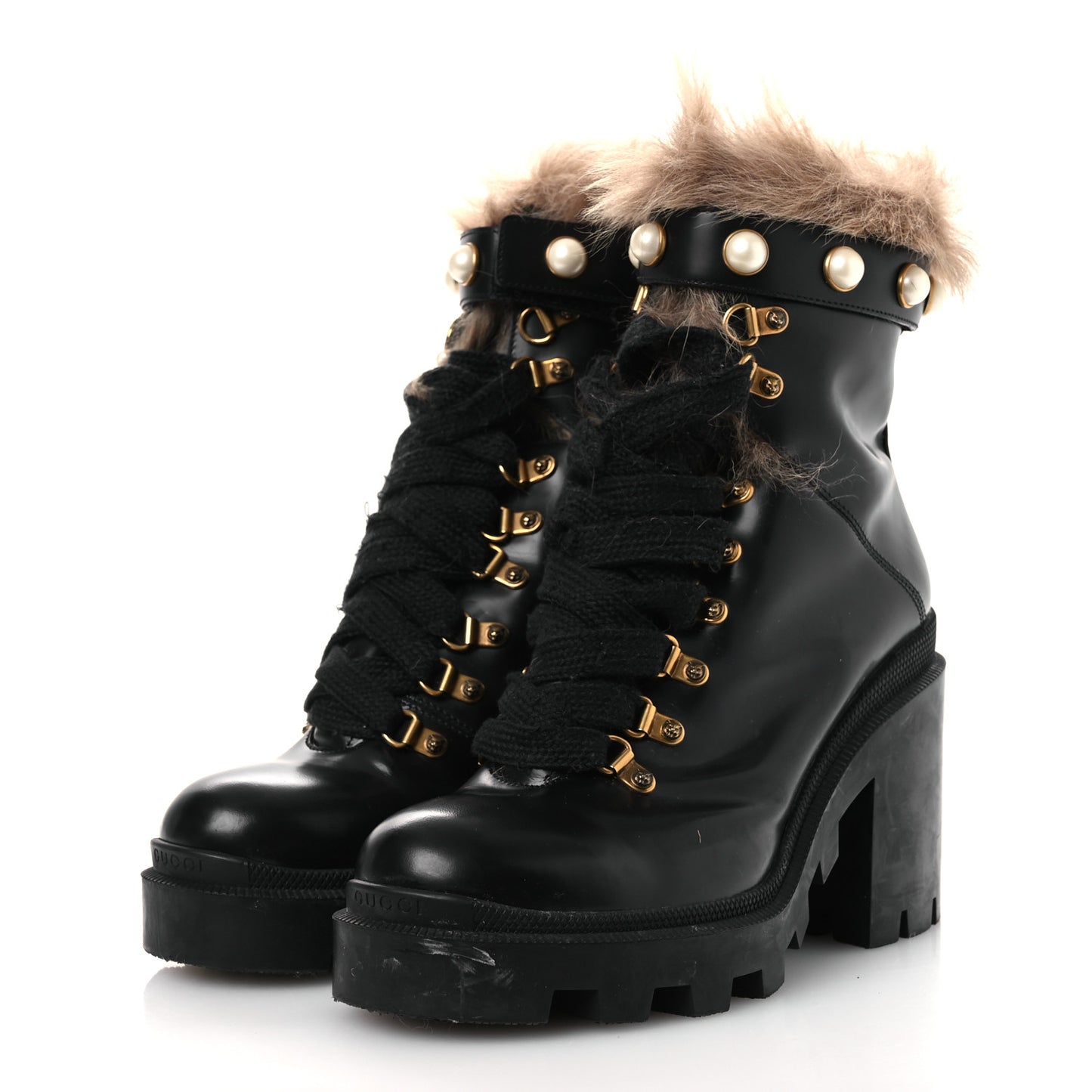 Magnum Calfskin Fur Pearl Lace Up Combat Ankle Boots 39.5 Black Naturale