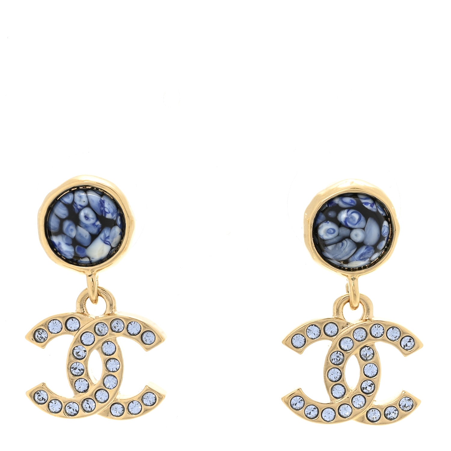 Chanel Crystal Stone CC Drop Earrings Blue Gold 1 of 5