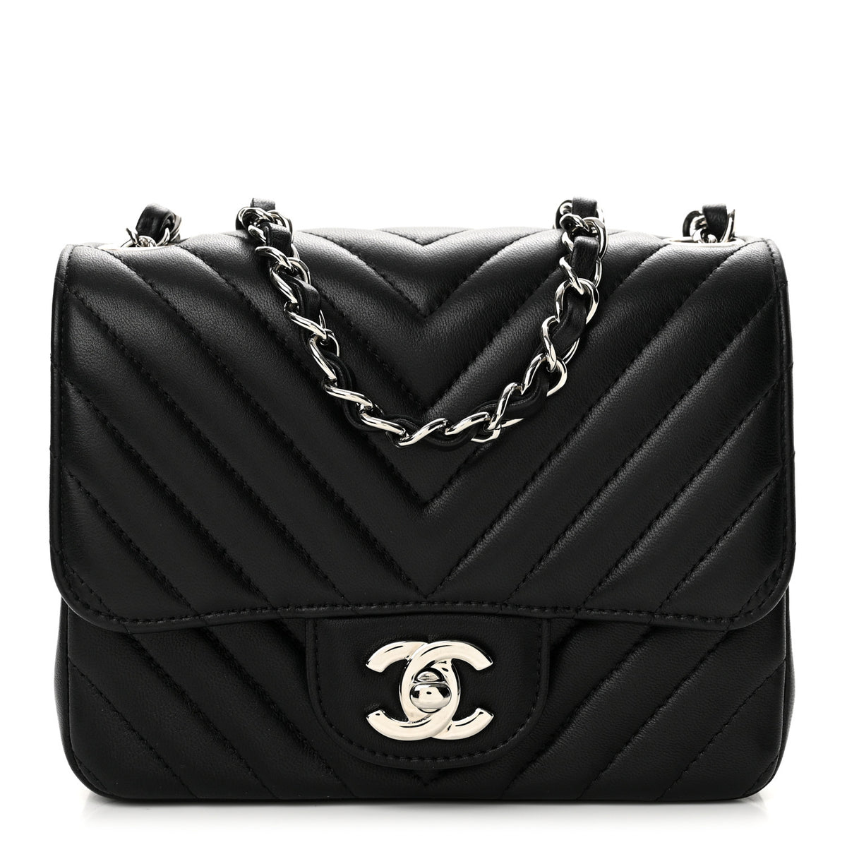 Lambskin Chevron Quilted Mini Square Flap Black