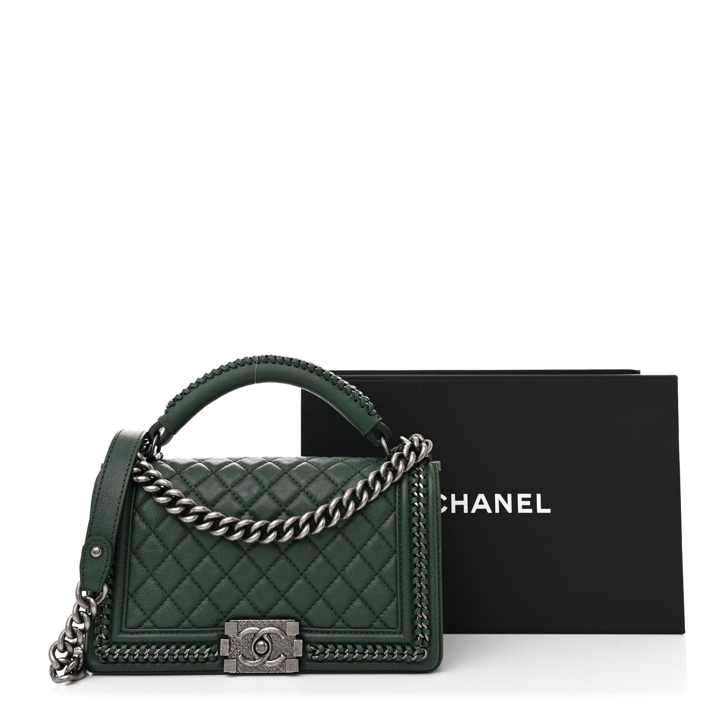 Calfskin Quilted Medium Boy Top Handle Flap Green