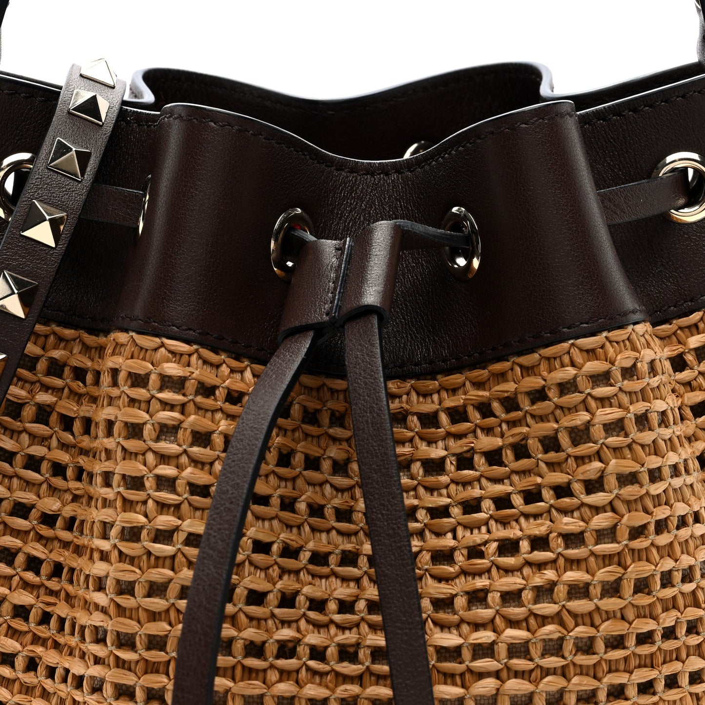 Raffia Calfskin Rockstud Drawstring Shoulder Bag Tobacco Cacao