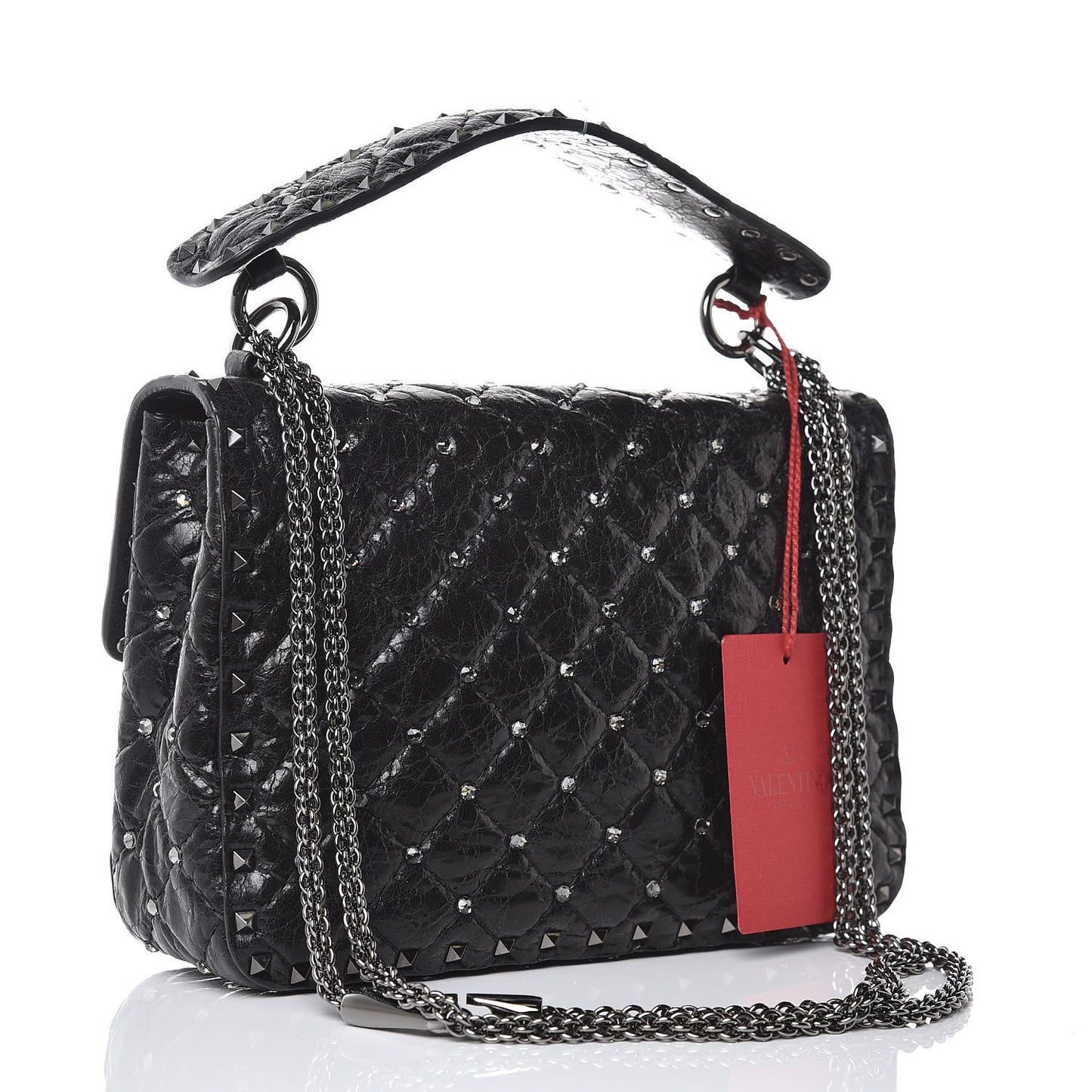 Craquele Nappa Crystal Embellished Medium Rockstud Spike Shoulder Bag Black