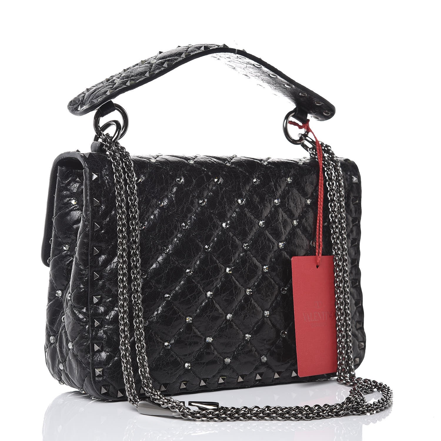 Valentino Garavani Craquele Nappa Crystal Embellished Medium Rockstud Spike Shoulder Bag Black 3 of 8