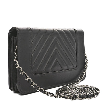 Chanel Metallic Goatskin Chevron Quilted Vintage Mademoiselle Wallet On Chain WOC Charcoal 3 of 11