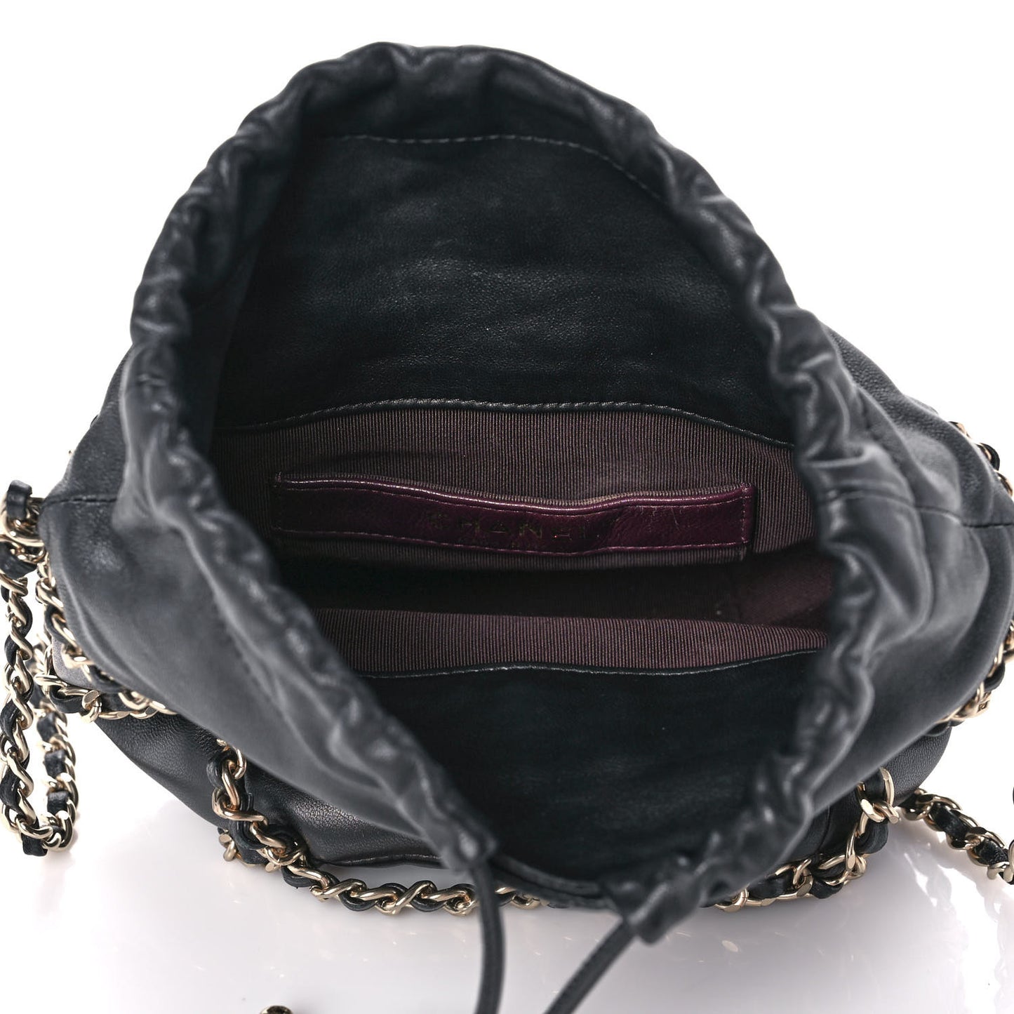 Lambskin Bucket Chain Drawstring Bag Black